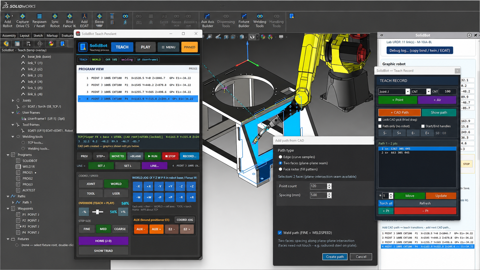 SolidBot generating a robot path from CAD geometry — a two-face plane-plane weld seam being recorded as teach points in the SOLIDWORKS assembly.